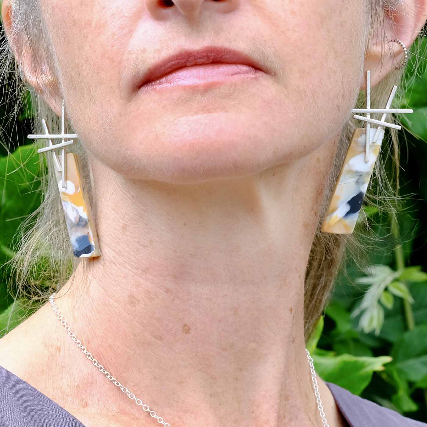 Earrings in Marbled Plastic with Silver Details